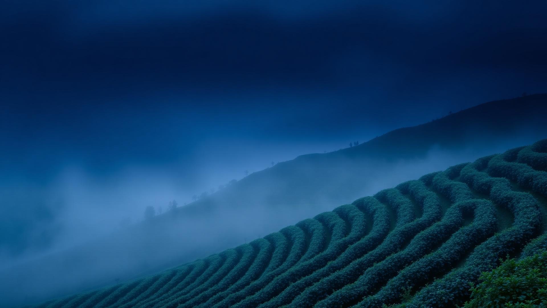 Misted highland plantation terraces at dawn, representing agricultural origins